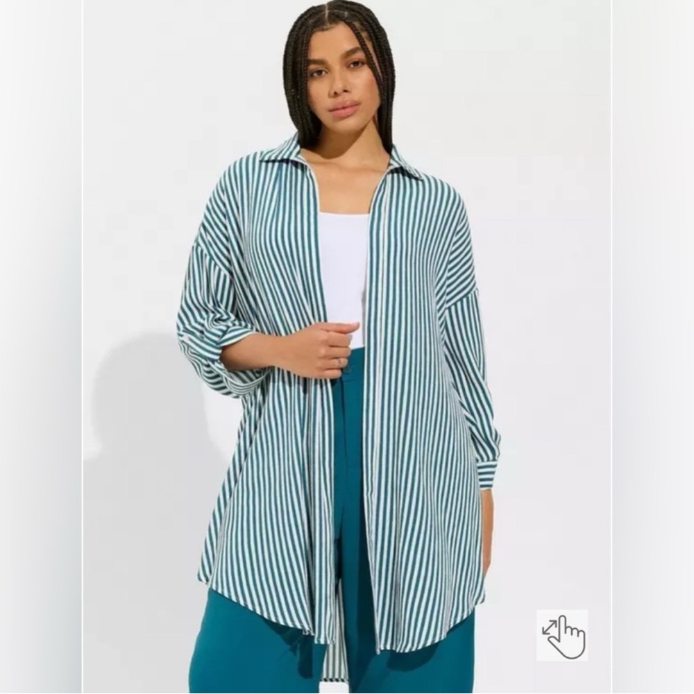 Torrid Striped Teal and White Oversized Kimono Shirt 4 NWT
